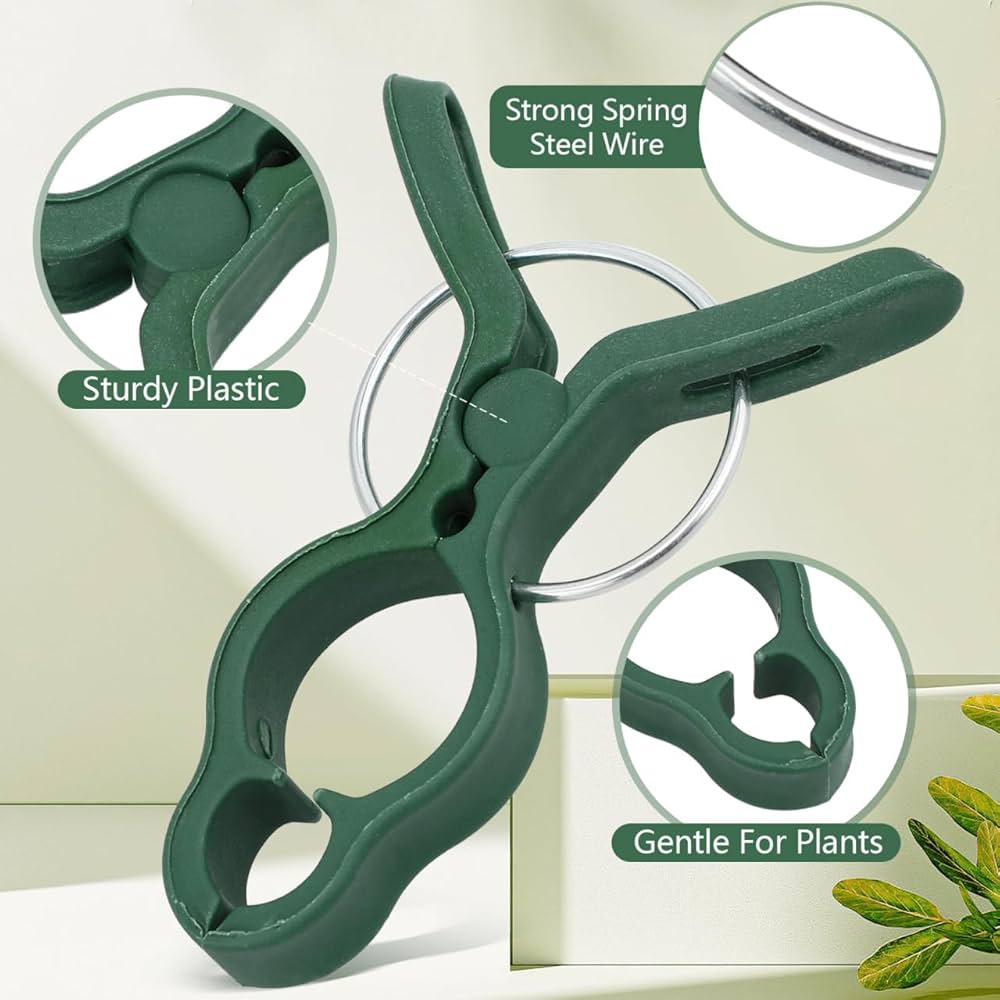 Set of 50 Problems Solved plant support clips for tomatoes and garden plants, durable plastic gardening clips for plant stability.