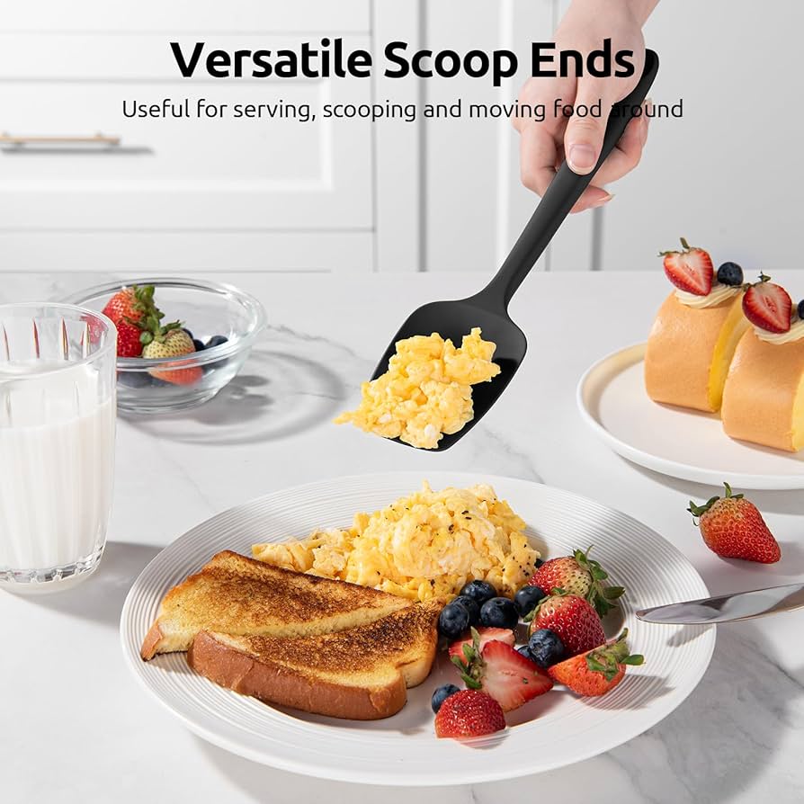 Problems Solved silicone spatula set with four heat-resistant, flexible spatulas in various sizes, suitable for cooking and baking.