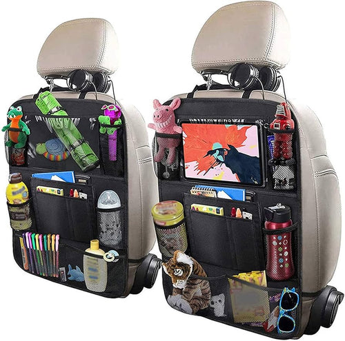 Problems Solved 2PCS car seat back organizer with six pockets, extra large capacity for storing essentials in vehicles.