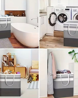 Problems Solved extra large waterproof laundry hamper with extended handle, foldable design and durable fabric for easy laundry storage.