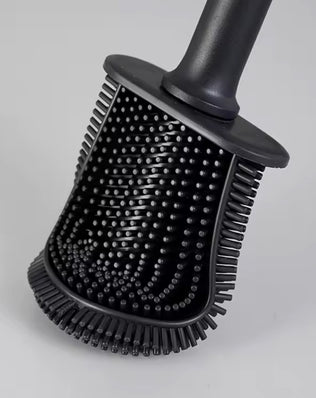 Stainless steel base toilet brush holder with standing toilet cleaning brush from Problems Solved, designed for bathroom sanitation.