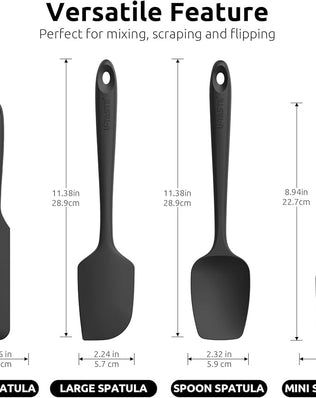 Set of four Problems Solved silicone spatulas, heat-resistant up to 315°C, flexible and ideal for cooking and baking tasks.