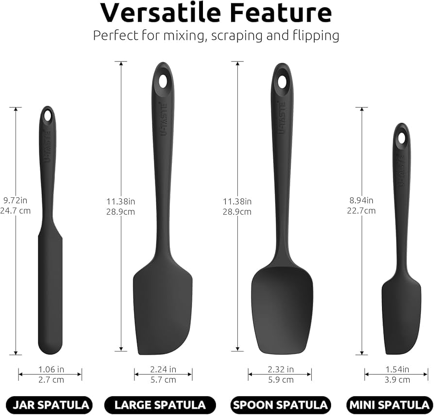 Set of four Problems Solved silicone spatulas, heat-resistant up to 315°C, flexible and ideal for cooking and baking tasks.