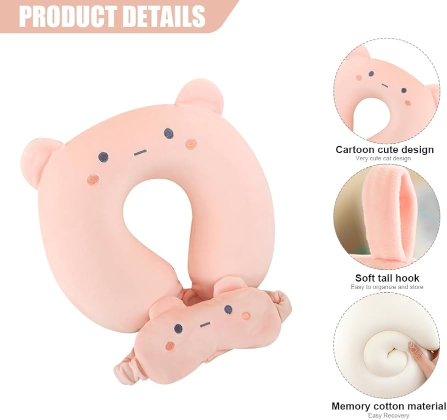 Problems Solved kids travel pillow with sleep eye mask, soft memory foam neck pillow for comfortable travel and nap support.