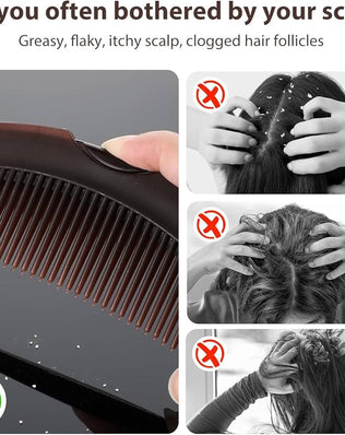 Problems Solved brown dandruff comb with hollow teeth for scalp detox, psoriasis, lice, and scalp care.