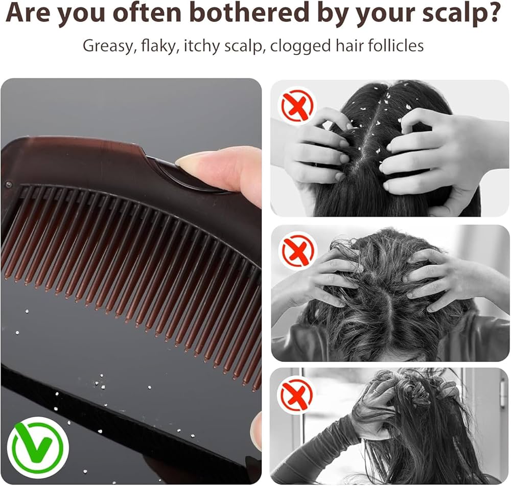Problems Solved brown dandruff comb with hollow teeth for scalp detox, psoriasis, lice, and scalp care.