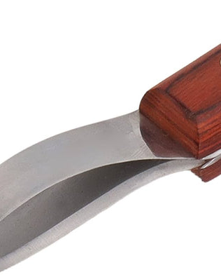 Farrier hoof knife with wooden handle, Problems Solved brand, used for trimming horse hooves and hoof care.