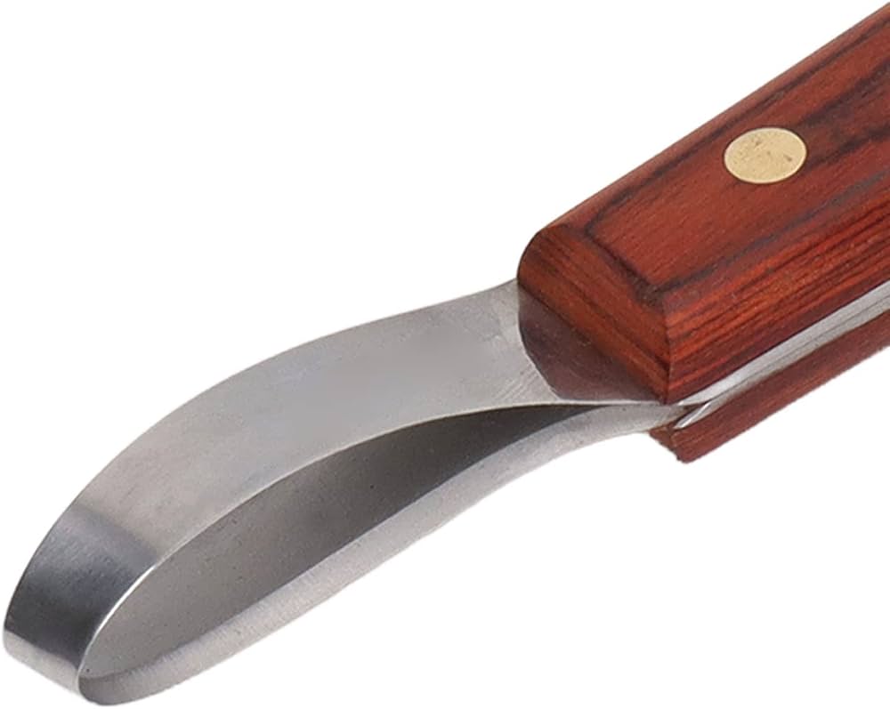 Farrier hoof knife with wooden handle, Problems Solved brand, used for trimming horse hooves and hoof care.