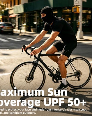 Problems Solved men's and women's UV protection balaclava for motorcycle and snowboard, close-up view of breathable fabric and fit
