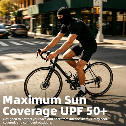Problems Solved men's and women's UV protection balaclava for motorcycle and snowboard, close-up view of breathable fabric and fit