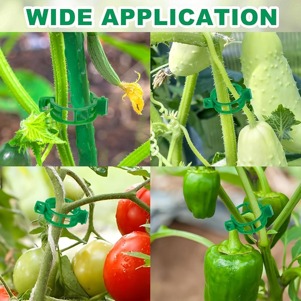Pack of 100 Problems Solved garden plant support clips for climbing plants, ideal for securing and supporting garden plants.