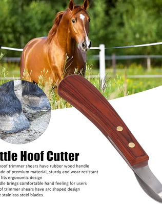Farrier hoof knife with wooden handle for horse hoof trimming and hoof care, made by Problems Solved.