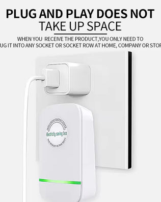 Problems Solved Pro Electricity Saving Box with EU plug, showing the compact device designed to reduce energy consumption at home.