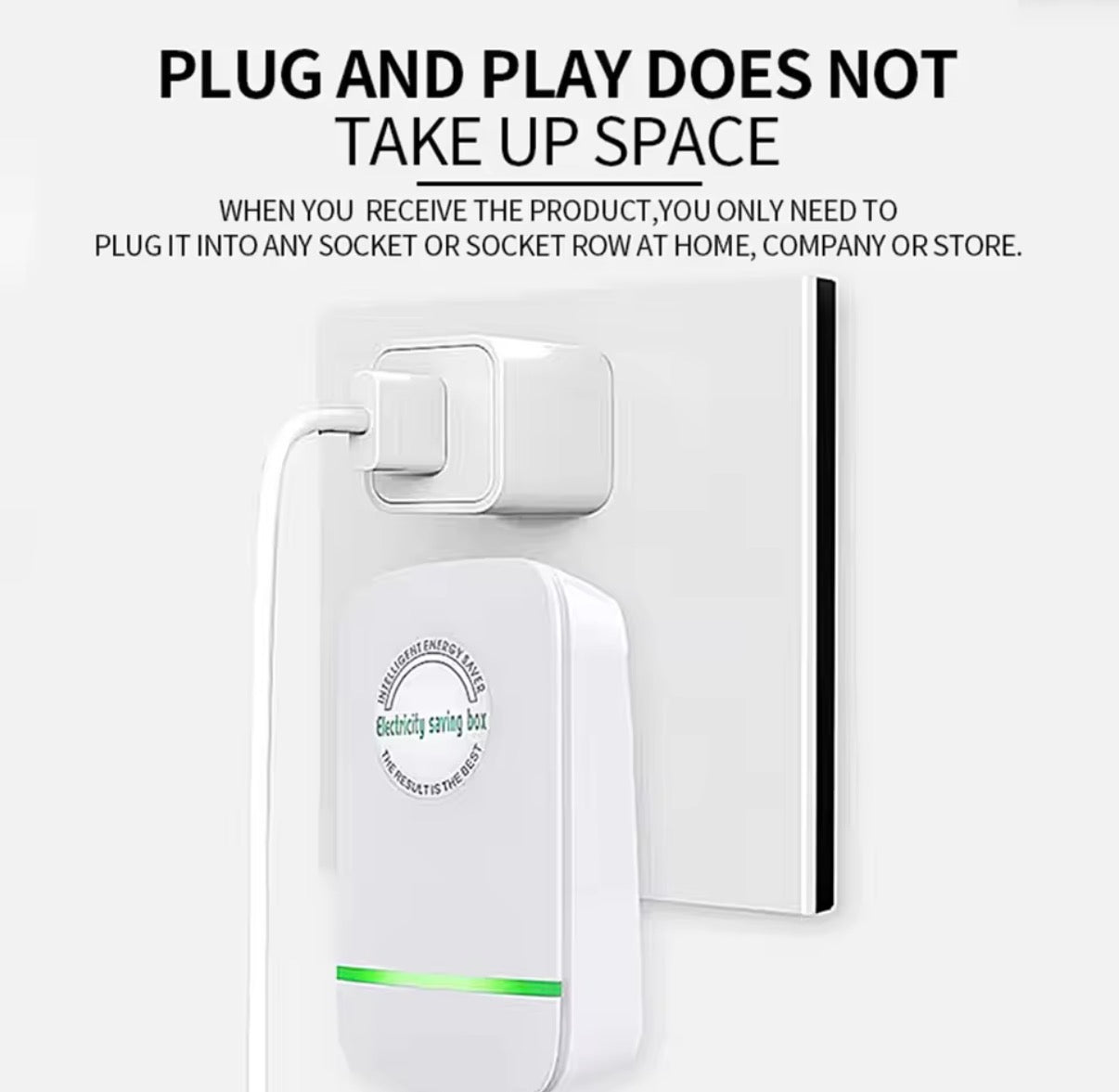 Problems Solved Pro Electricity Saving Box with EU plug, showing the compact device designed to reduce energy consumption at home.