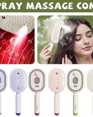 Problems Solved electric spray air massage comb with anti-tangle design and mist hair straightener brush, showing the device and mist spray.