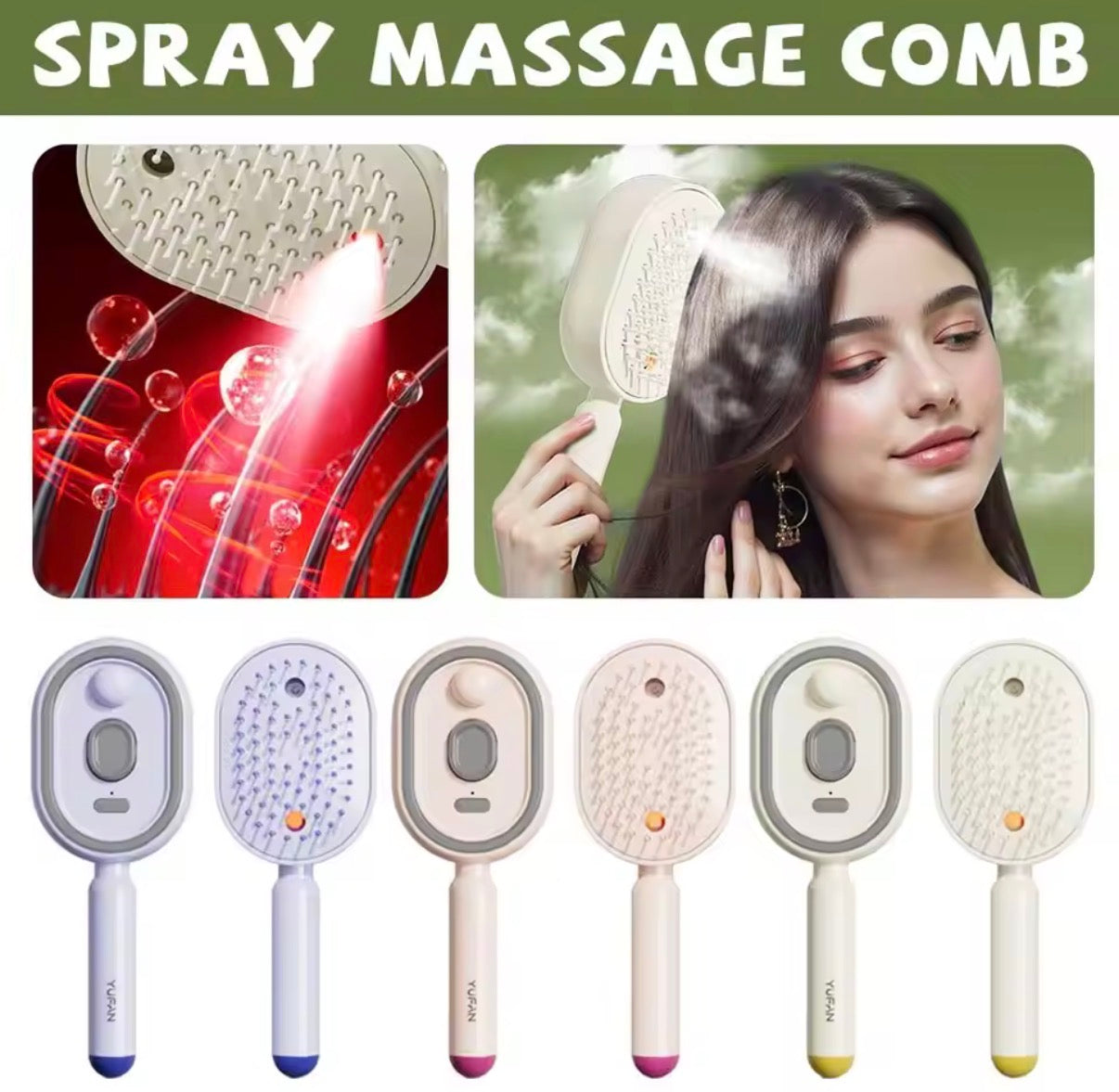 Problems Solved electric spray air massage comb with anti-tangle design and mist hair straightener brush, showing the device and mist spray.
