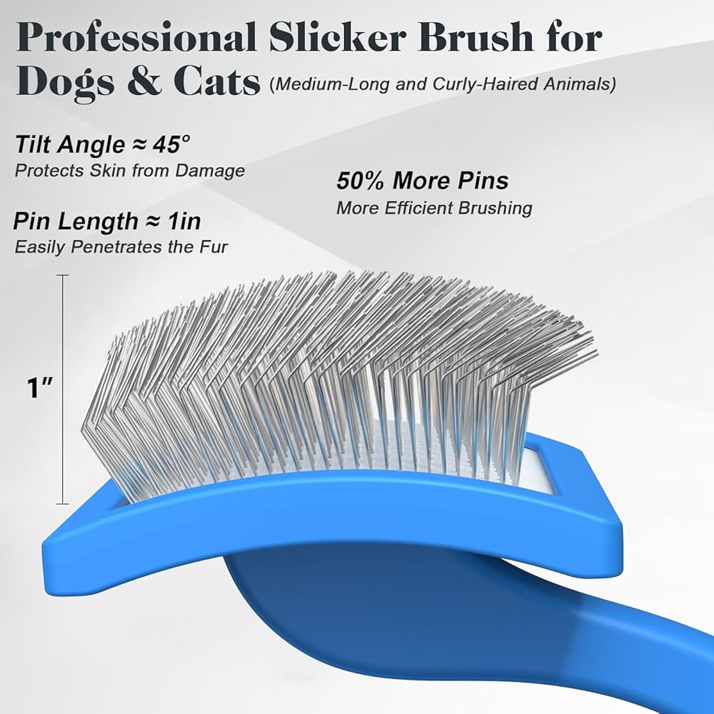 Problems Solved 2PCS dog slicker brush and pet comb set for grooming, featuring stainless steel pins and ergonomic handles.