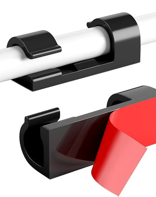 40-pack Problems Solved adhesive cable clips for wire management, shown holding various cables on a home office desk.