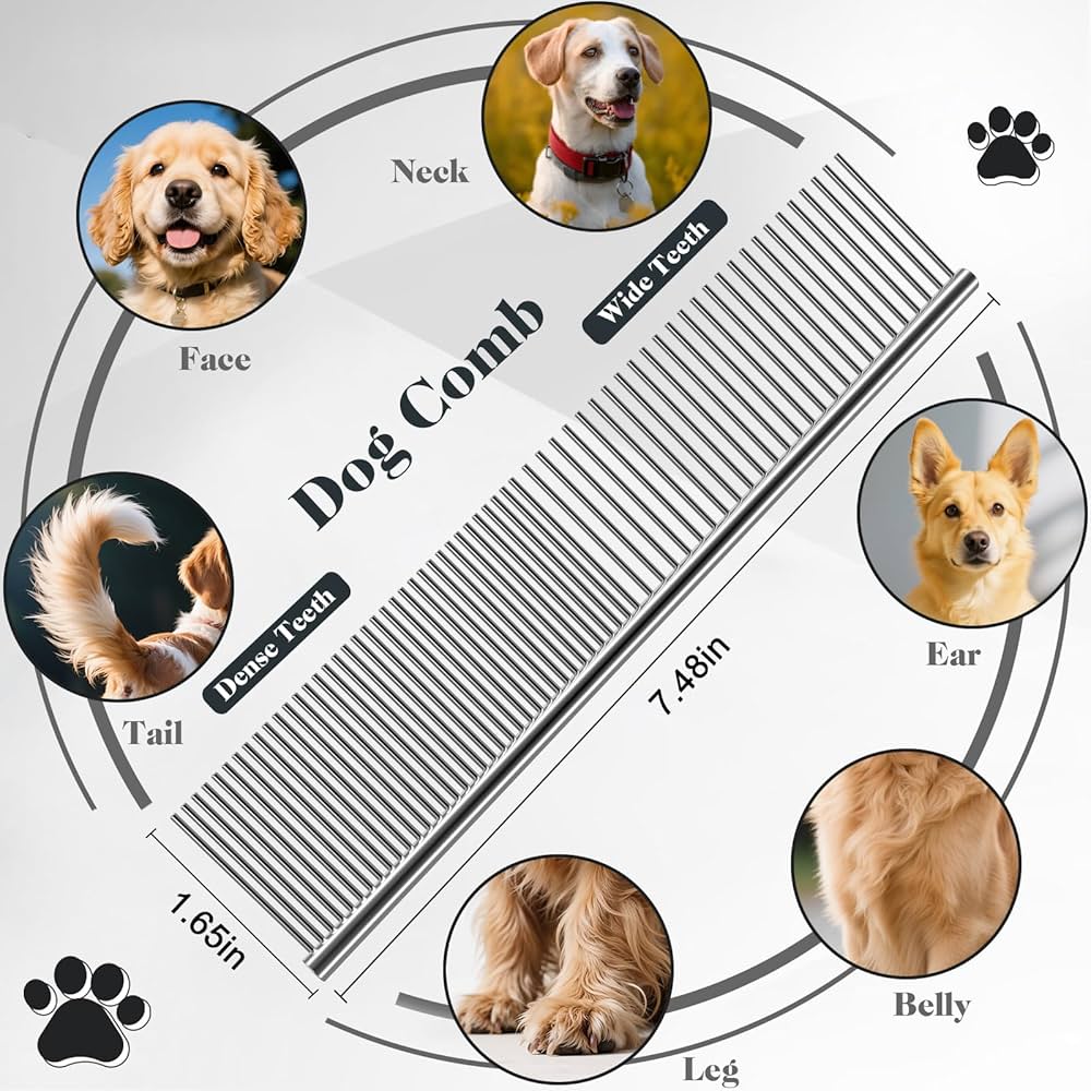 Problems Solved 2PCS slicker dog brush and pet comb set, professional grooming tools with metal bristles and ergonomic handles.