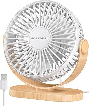 Small silent USB desk fan by Problems Solved with three adjustable speeds, portable personal desktop cooling device.
