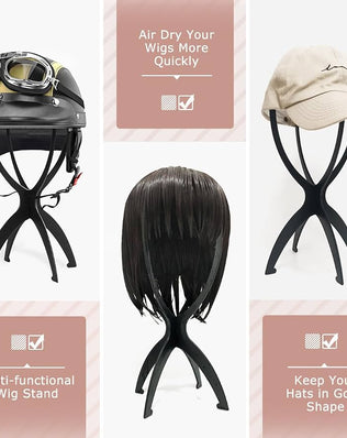 Two Problems Solved wig stands for short wigs, display heads with realistic features for styling and storage.