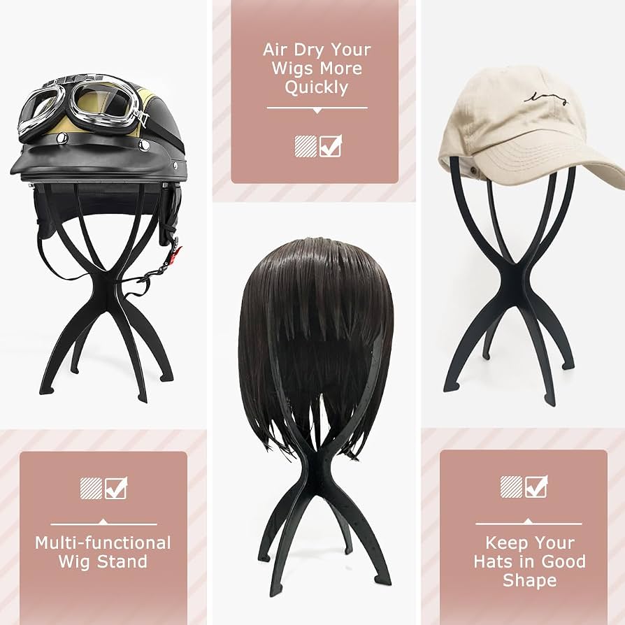 Two Problems Solved wig stands for short wigs, display heads with realistic features for styling and storage.