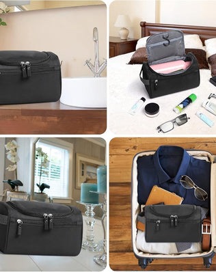 Problems Solved hanging waterproof toiletry bag with multiple compartments for travel and bathroom organization.