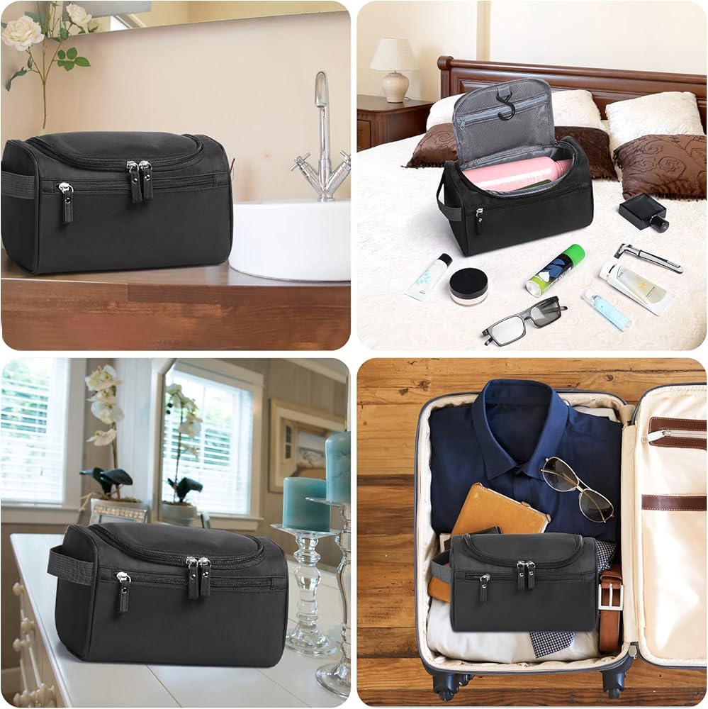Problems Solved hanging waterproof toiletry bag with multiple compartments for travel and bathroom organization.