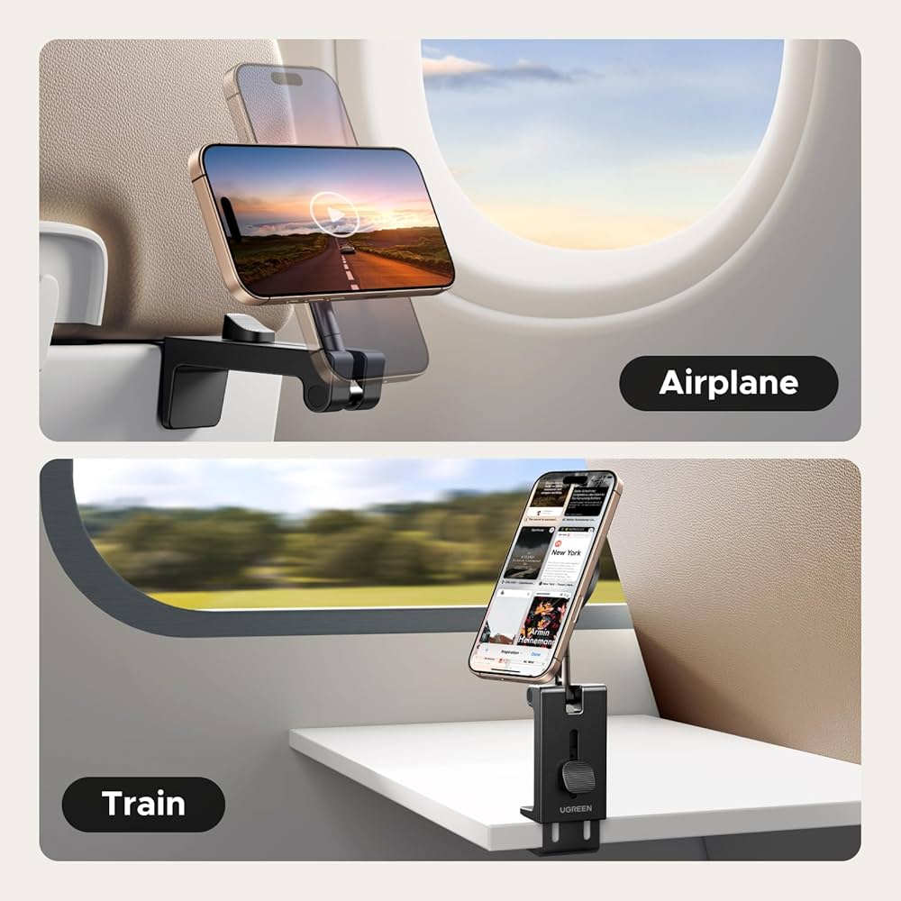 Problems Solved airplane phone holder with MagSafe magnetic attachment, designed for travel and secure phone mounting during flights.