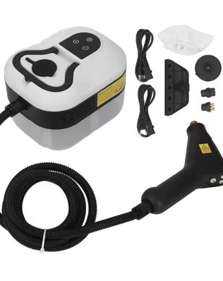 Problems Solved portable handheld steam cleaner with a sleek design, featuring a water tank and steam nozzle for versatile cleaning.
