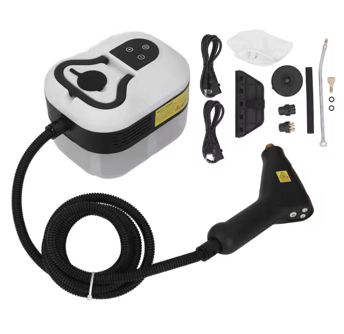 Problems Solved portable handheld steam cleaner with a sleek design, featuring a water tank and steam nozzle for versatile cleaning.