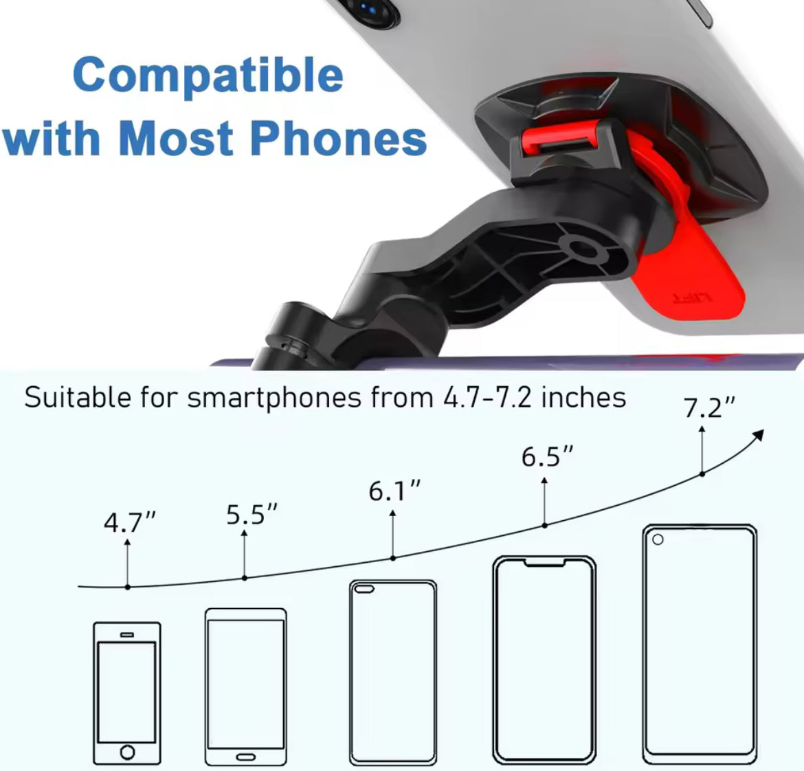 Problems Solved motorcycle bike phone holder stand with adjustable support, shown mounted on a motorcycle handlebar.