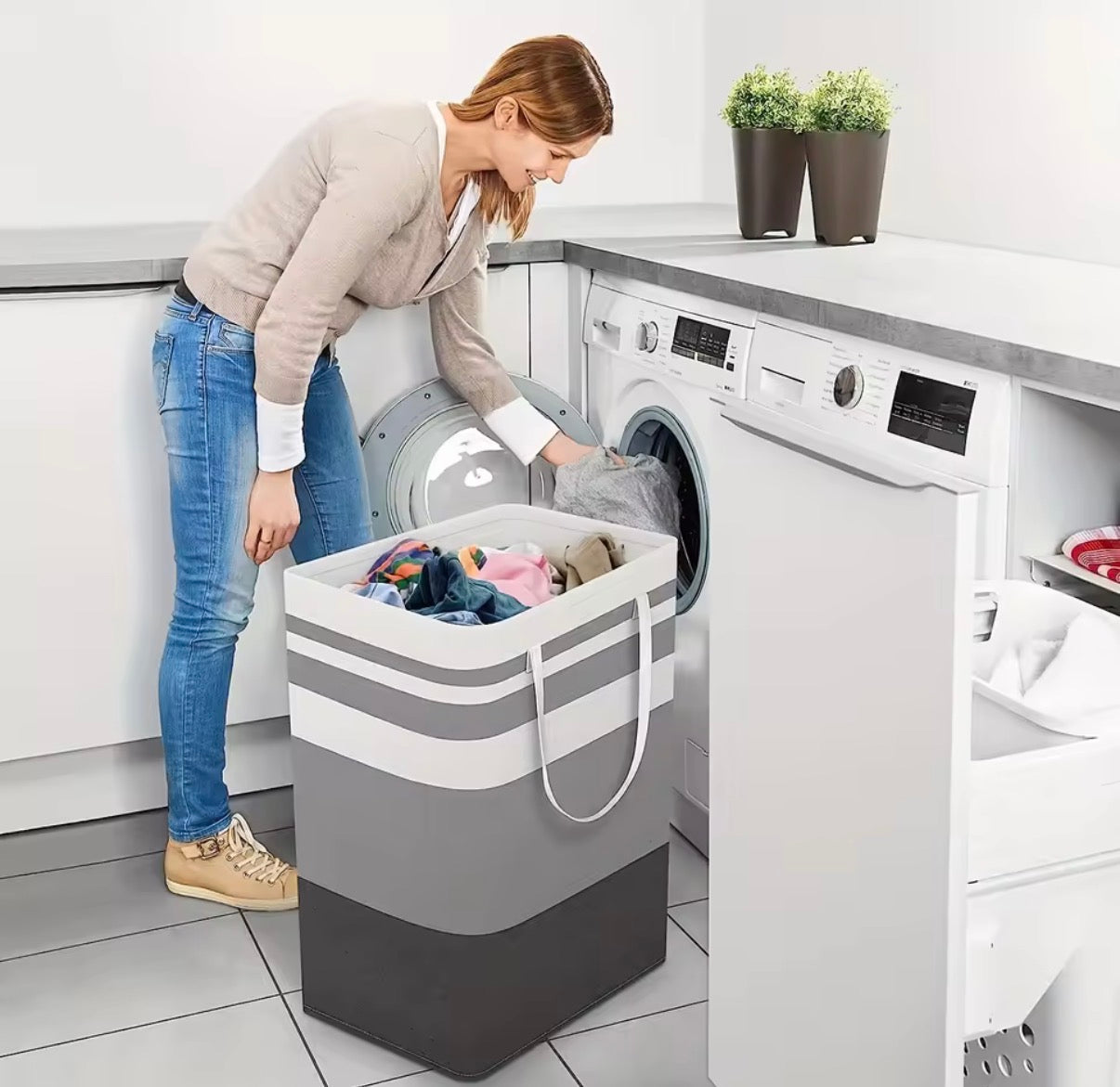 Problems Solved extra large waterproof laundry hamper with foldable design and extended handle, ideal for easy laundry organization.