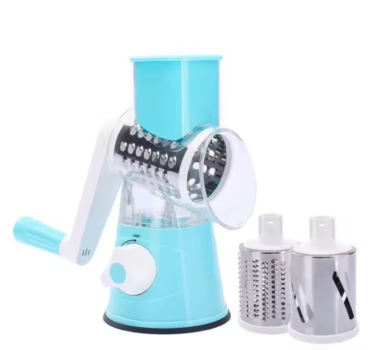Problems Solved vegetable and fruit slicer grater benchtop drum cutter with multiple blades for efficient slicing and grating.