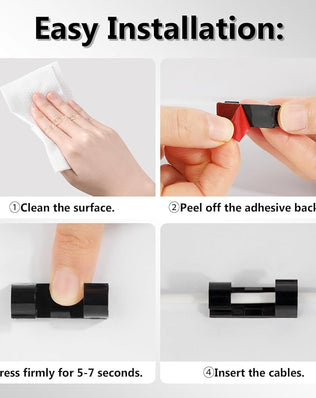 40-pack Problems Solved adhesive cable clips for wire management, shown attached to a desk organizing multiple computer cables