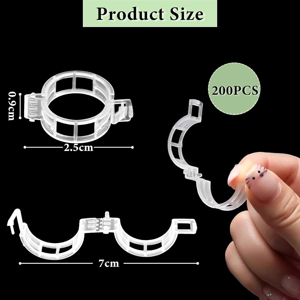 Problems Solved plant clips for climbing plants, 200-piece set with tomato hooks and trellis clips for garden support.