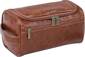 Dark brown leather toiletry bag for men by Problems Solved, perfect for travel, gym, and shaving essentials.