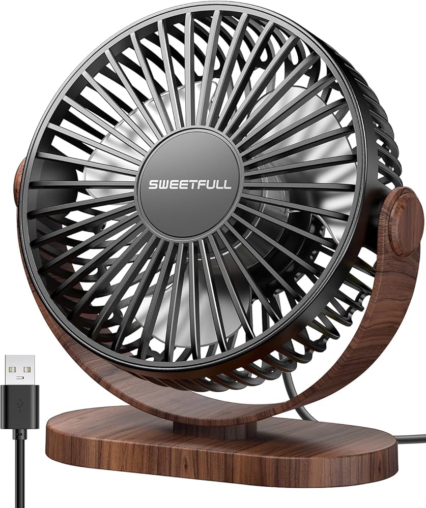 Small Problems Solved USB desk fan with three speed settings, compact and silent for personal desktop cooling.