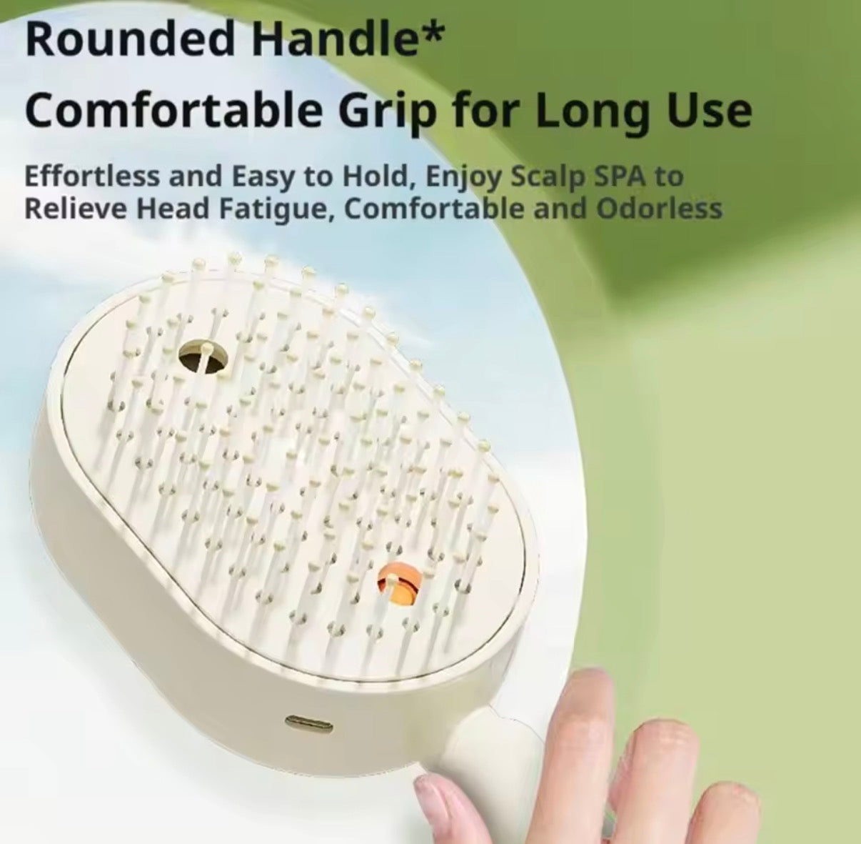 Problems Solved electric spray air massage comb with anti-tangle design and essential oil mist, hair straightener brush in a close-up shot