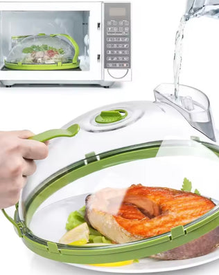 Clear microwave splatter cover with water steamer and handle by Problems Solved, designed to prevent food splatters during heating.