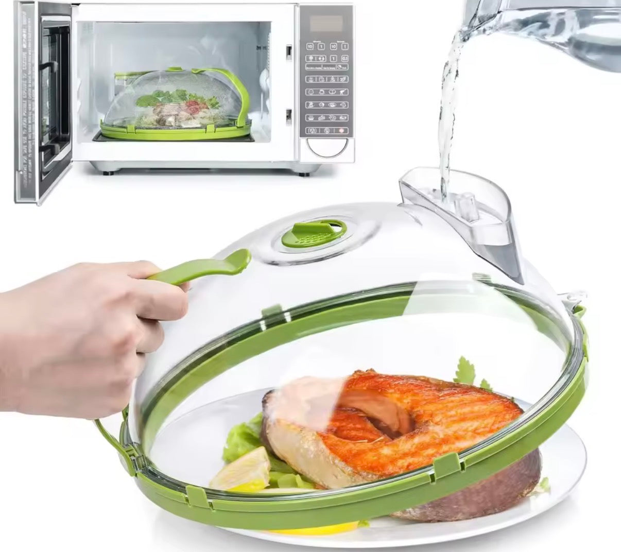 Clear microwave splatter cover with water steamer and handle by Problems Solved, designed to prevent food splatters during heating.