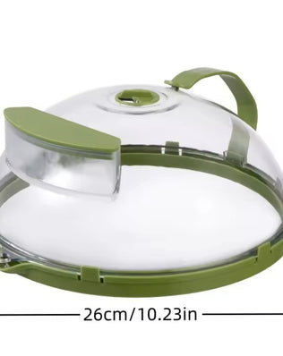Problems Solved clear microwave splatter cover with water steamer and handle, designed to protect food from splashes during cooking.