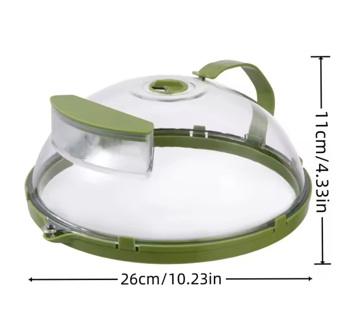 Problems Solved clear microwave splatter cover with water steamer and handle, designed to protect food from splashes during cooking.