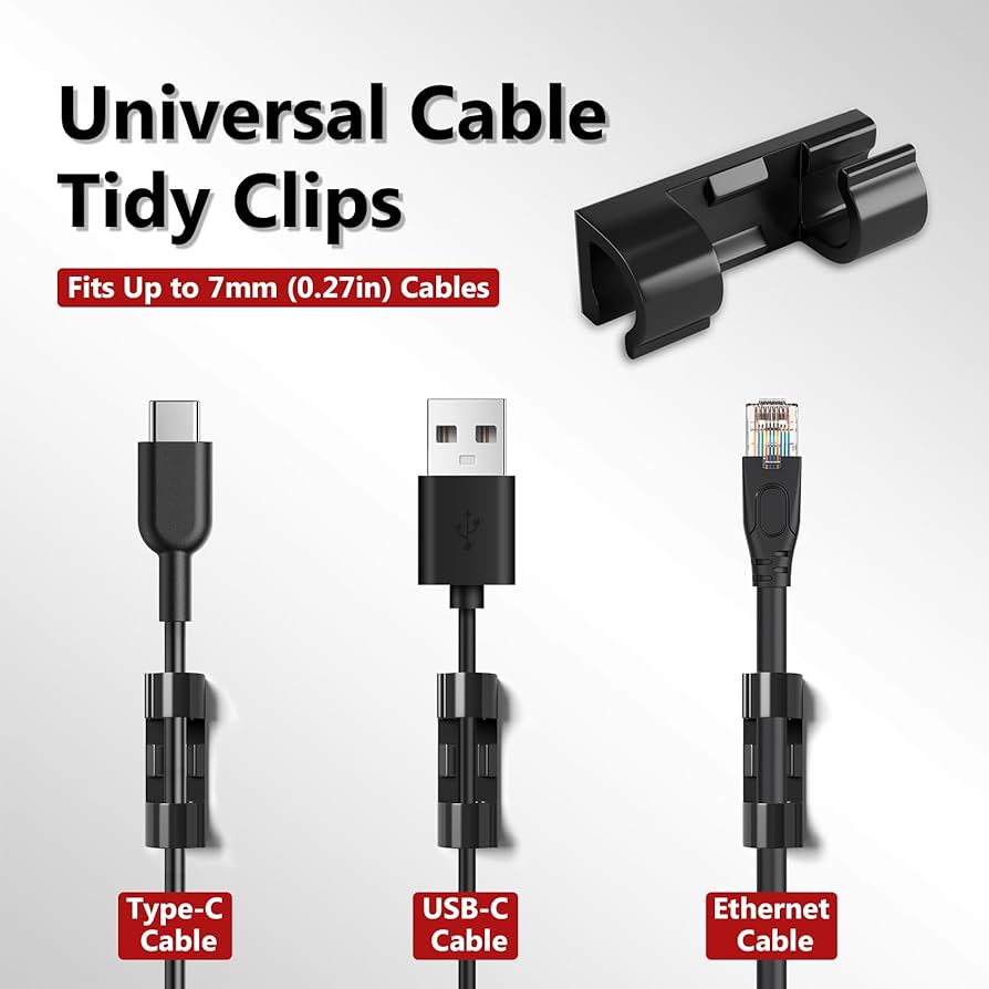 40-pack Problems Solved cable clips for wire management, adhesive cable holders for home and office organization.