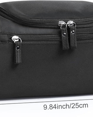 Problems Solved hanging toiletry bag with waterproof fabric, featuring multiple compartments and a hanging hook for travel organization.