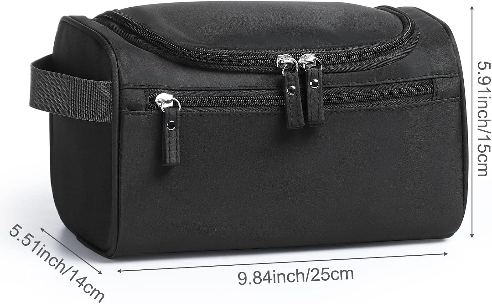 Problems Solved hanging toiletry bag with waterproof fabric, featuring multiple compartments and a hanging hook for travel organization.
