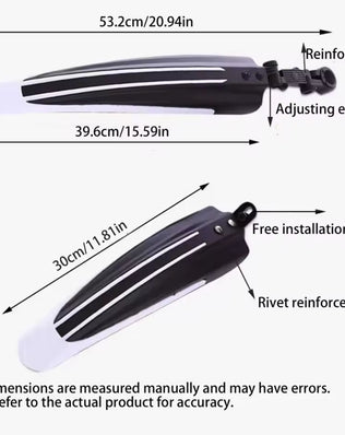 Two Problems Solved bicycle mudguards for mountain and road bikes, durable plastic fenders with mounting hardware attached.
