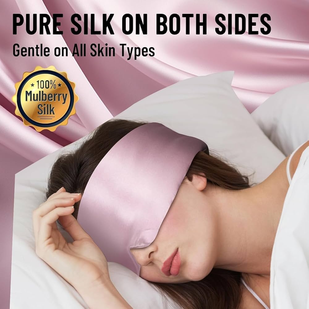 Problems Solved silk sleep mask for women and men, made from luxurious mulberry silk, with a soft, comfortable design for restful sleep.