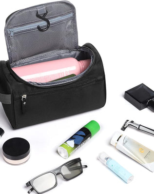 Problems Solved hanging waterproof toiletry bag with multiple compartments, ideal for travel and bathroom organization.