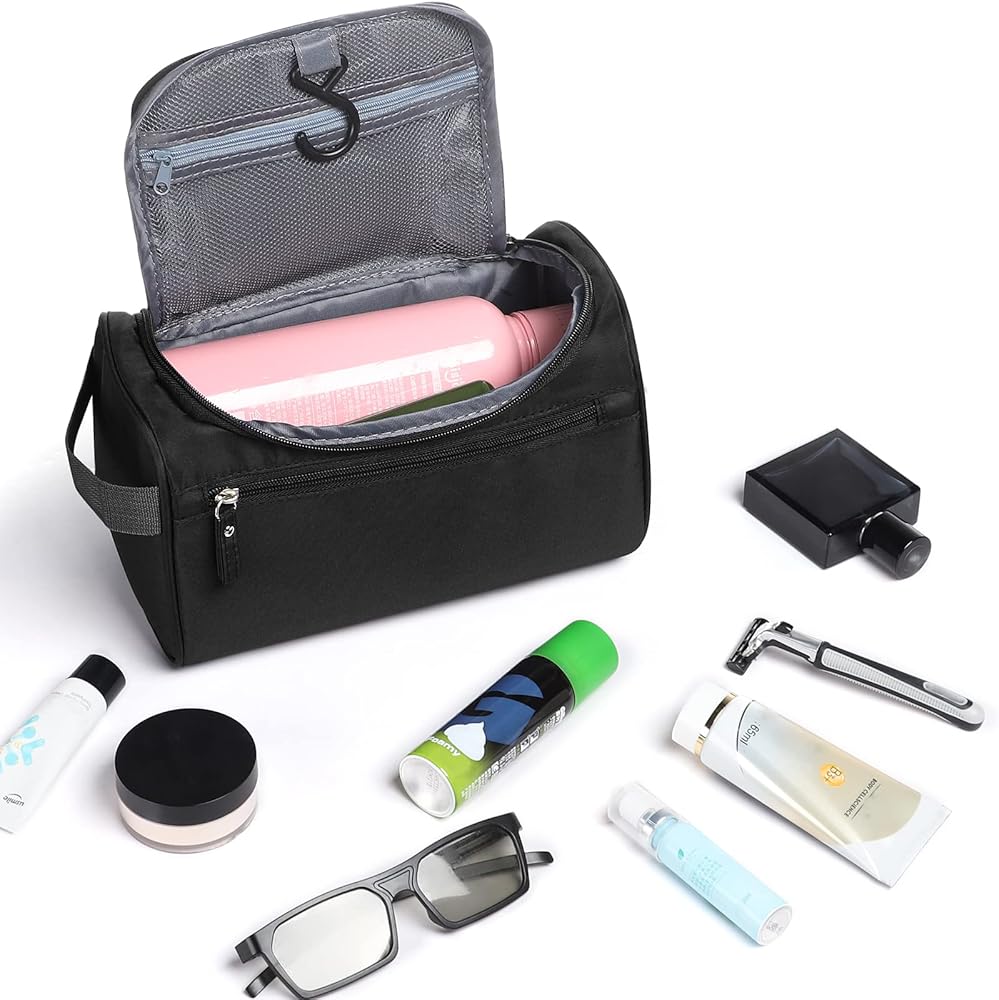Problems Solved hanging waterproof toiletry bag with multiple compartments, ideal for travel and bathroom organization.